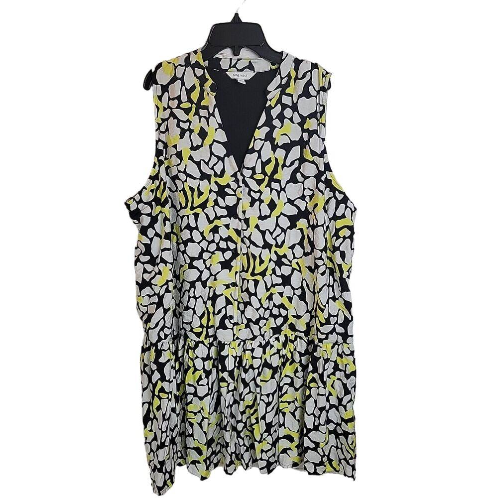NWT Nine West Black Yellow Button Front Ruffle Hem Sleeveless Dress Sz XL‎